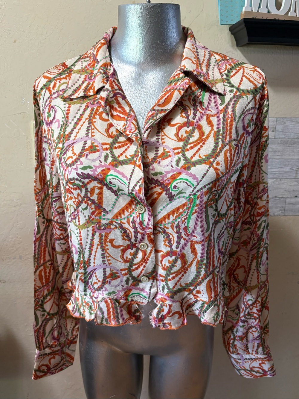 Zara Paisley-Print Ruffle Hem Button-Front Top — Orange, Green, Purple